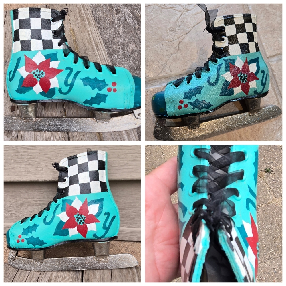 Handpainted Ice Skate Christmas decor JOY Poinsettias